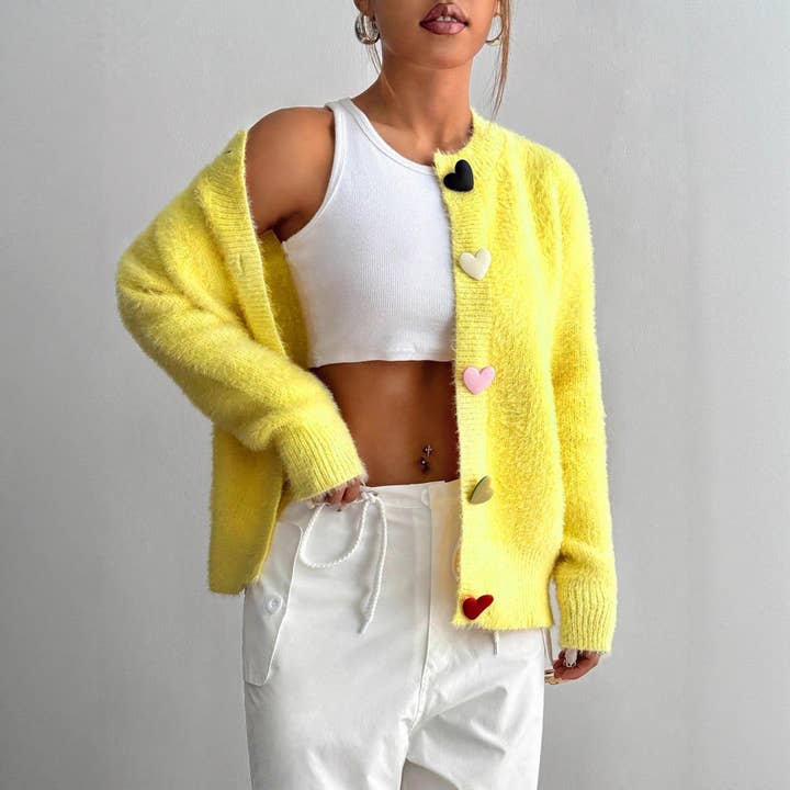 Yellow Women's Solid Color Knit Cardigan with Heart Buttons for wholesale on Faire2