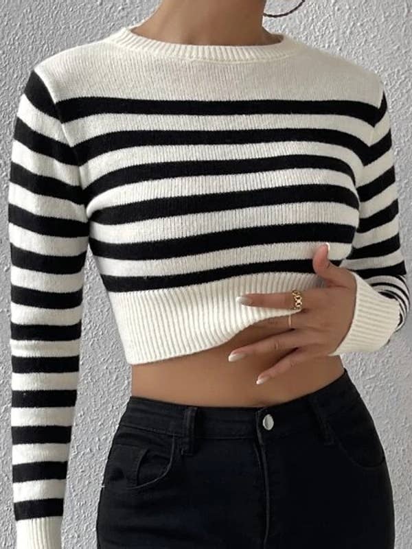 Striped Slim-Fit Cropped Knit Sweater for wholesale by HIDDENBRAND