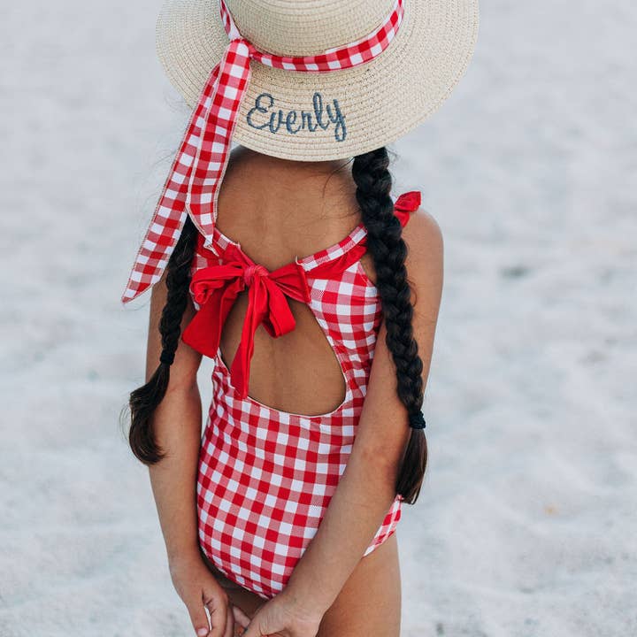 Sugar Bee Clothing - Wholesale One Piece Swimsuit - Kids - Girls Swimsuit - Bow Back - Red Gingham