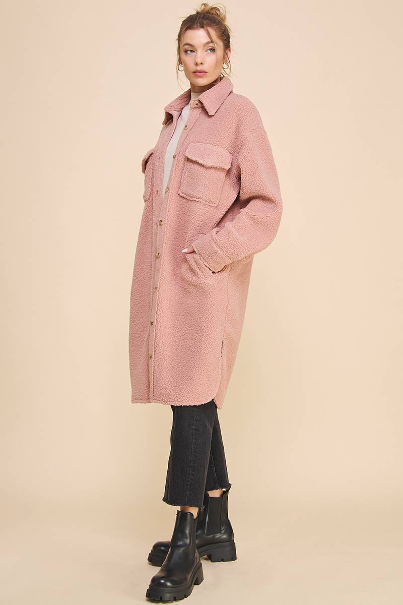 Dusty Rose Long Sherpa Shacket with Pockets for wholesale on Faire21