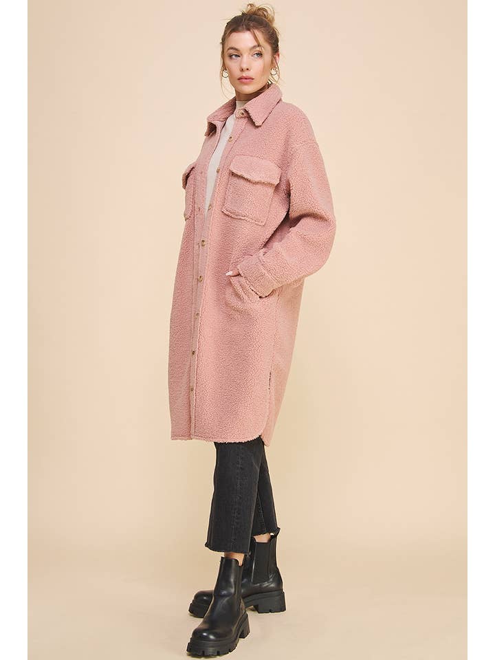 Dusty Rose Long Sherpa Shacket with Pockets for wholesale on Faire21