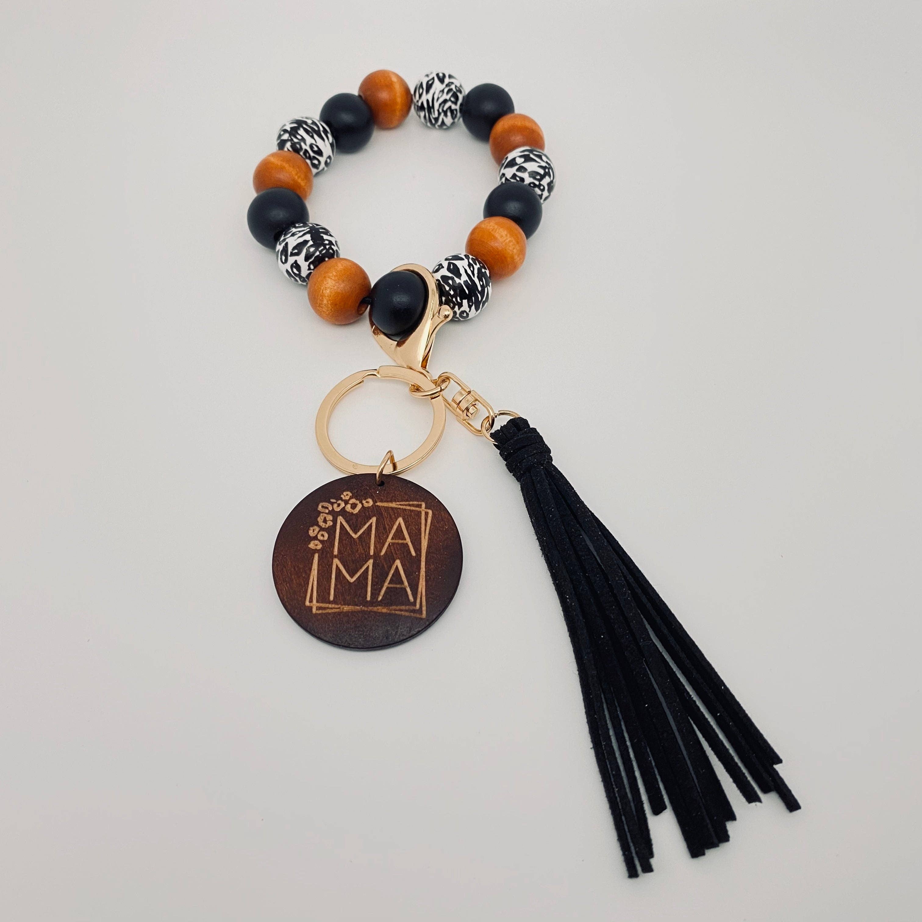 Mio Queena – Engroshandel Nøgleringarmbånd – MAMA vedhæng i træ med perler og elastisk armbånd til nøgler15