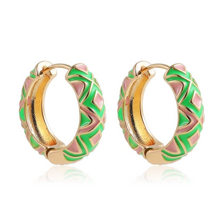 JOSSLYN by wall to wall - Wholesale Hoop Earrings - VINTAGE CLOISONNE AZTEC HUGGIE HOOP EARRINGS | 40E429