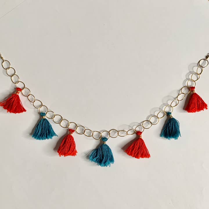 Blue and red tassel necklace for wholesale by Rafia