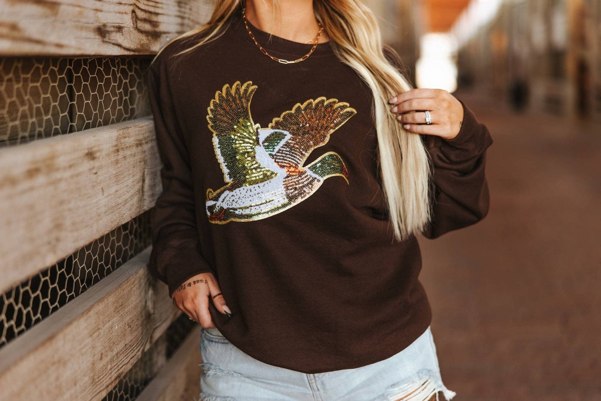 Brown Sequin Mallard Duck Patch Sweatshirt for wholesale on Faire1