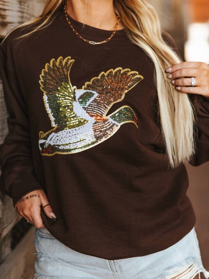 Sequin Mallard Duck Patch Sweatshirt for wholesale by Wild Junkie