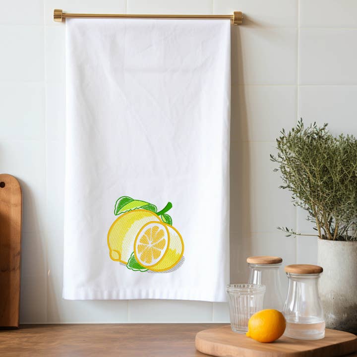 Lemon Embroidered Flour Sack Kitchen Towel 27"x27" for wholesale by Sewing From The Hart