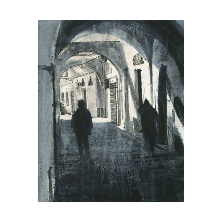 Tunis Medina Alleyway Textured Watercolor Matte Poster | Tunisian Architecture B&W Travel Decor for wholesale by Ryan Fox Fine Art