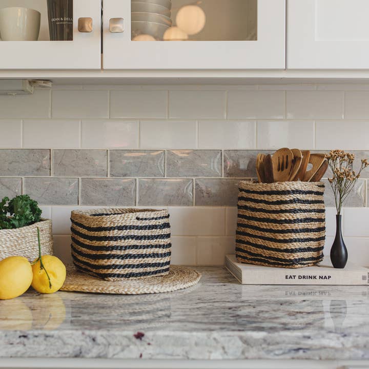 Square Tabletop Basket, jute - striped for wholesale by Will & Atlas