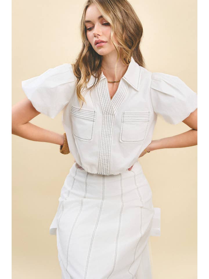 White CT9355-Bubble Sleeves Contrast topstitching Detail Top for wholesale on Faire