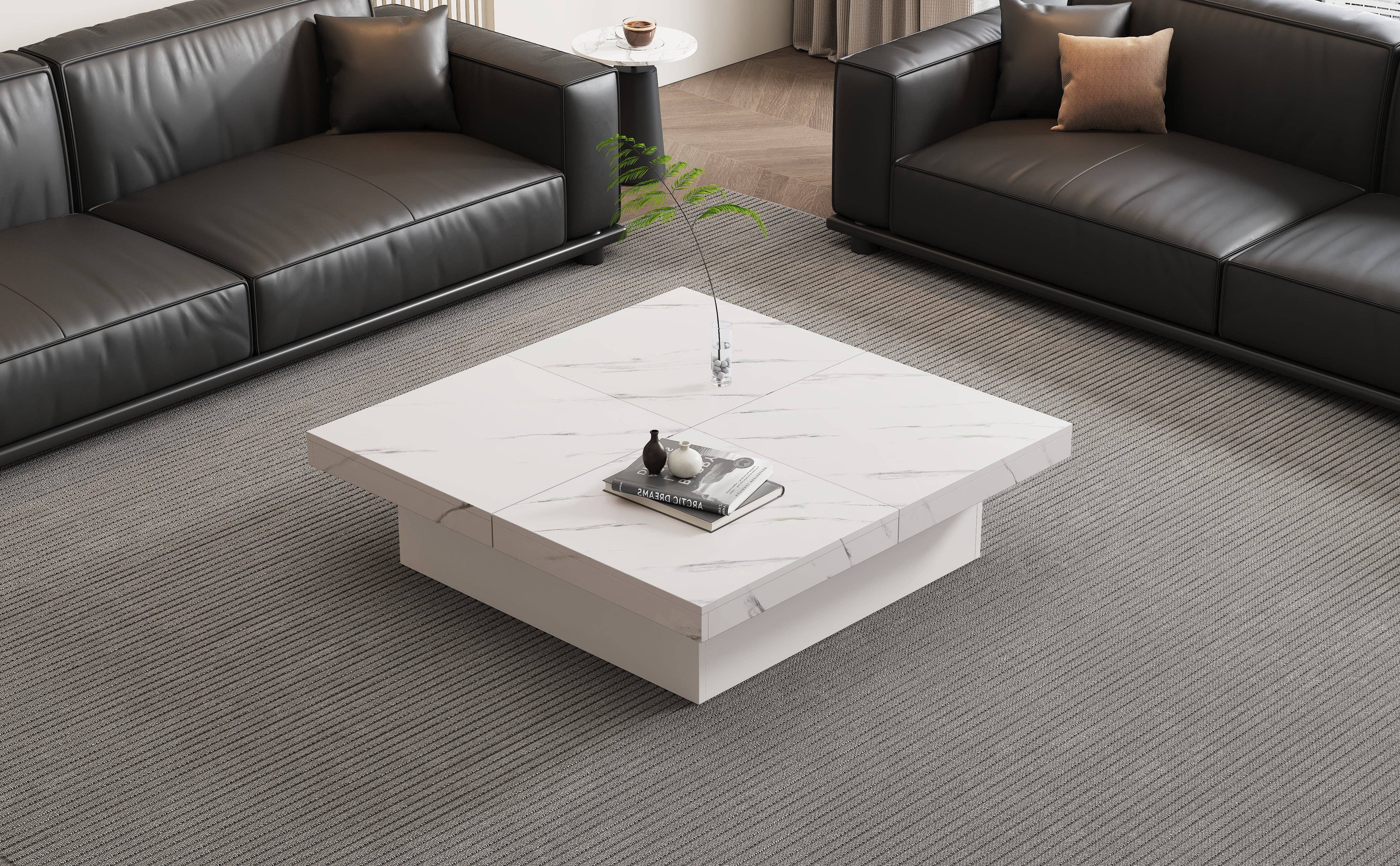 Urban Meuble - Wholesale Side Table - Modern white square coffee table with marble effect, 4 drawers, sliding top 90x90x25cm KHEKRIED15