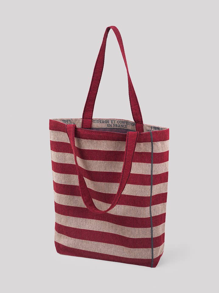 Striped tote bag in rust and beige recycled fibers for wholesale by Les Pensionnaires