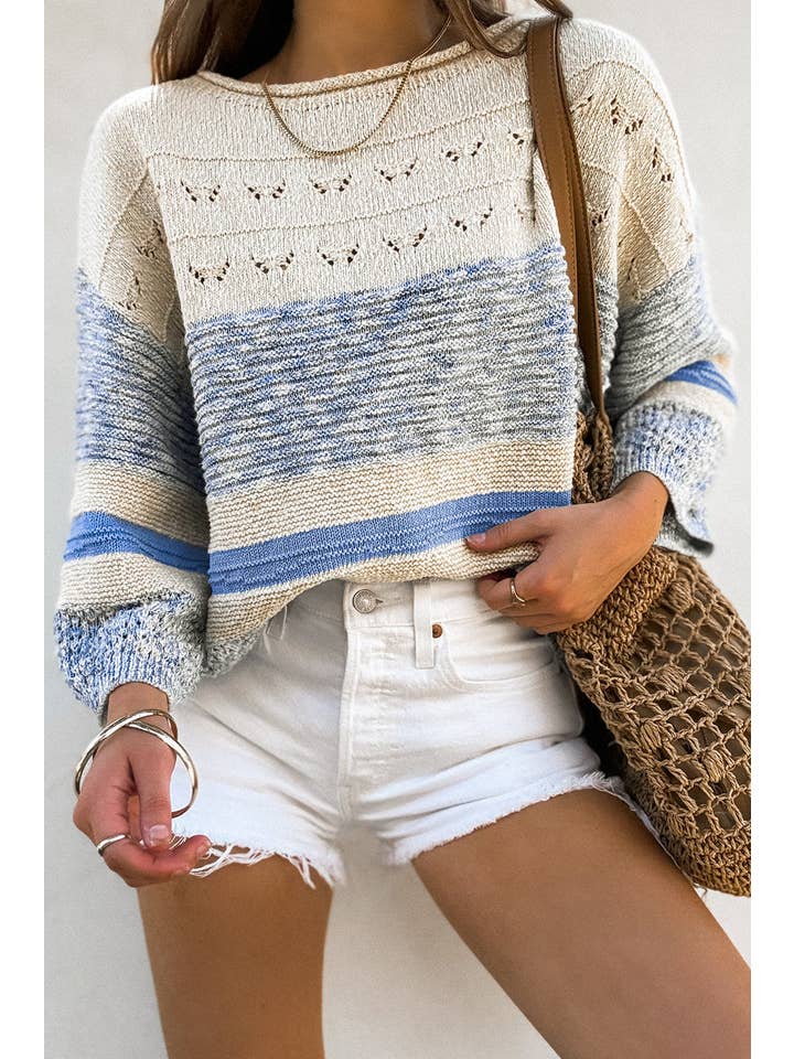 Light Blue Stripe 3/4 Puff Sleeve Sweater for wholesale on Faire