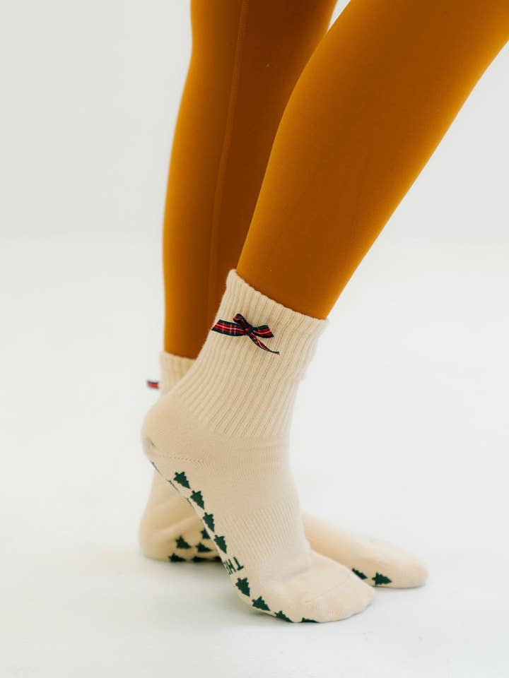 TCC Gingham Christmas Bow Sock | Pilates & Barre Grippy Socks for wholesale by The Core Club