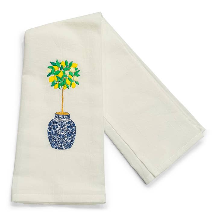 Vibrantly Blue - Wholesale Tea Towel - Towel - Lemon Tree in Blue and White Planter Pot on white1