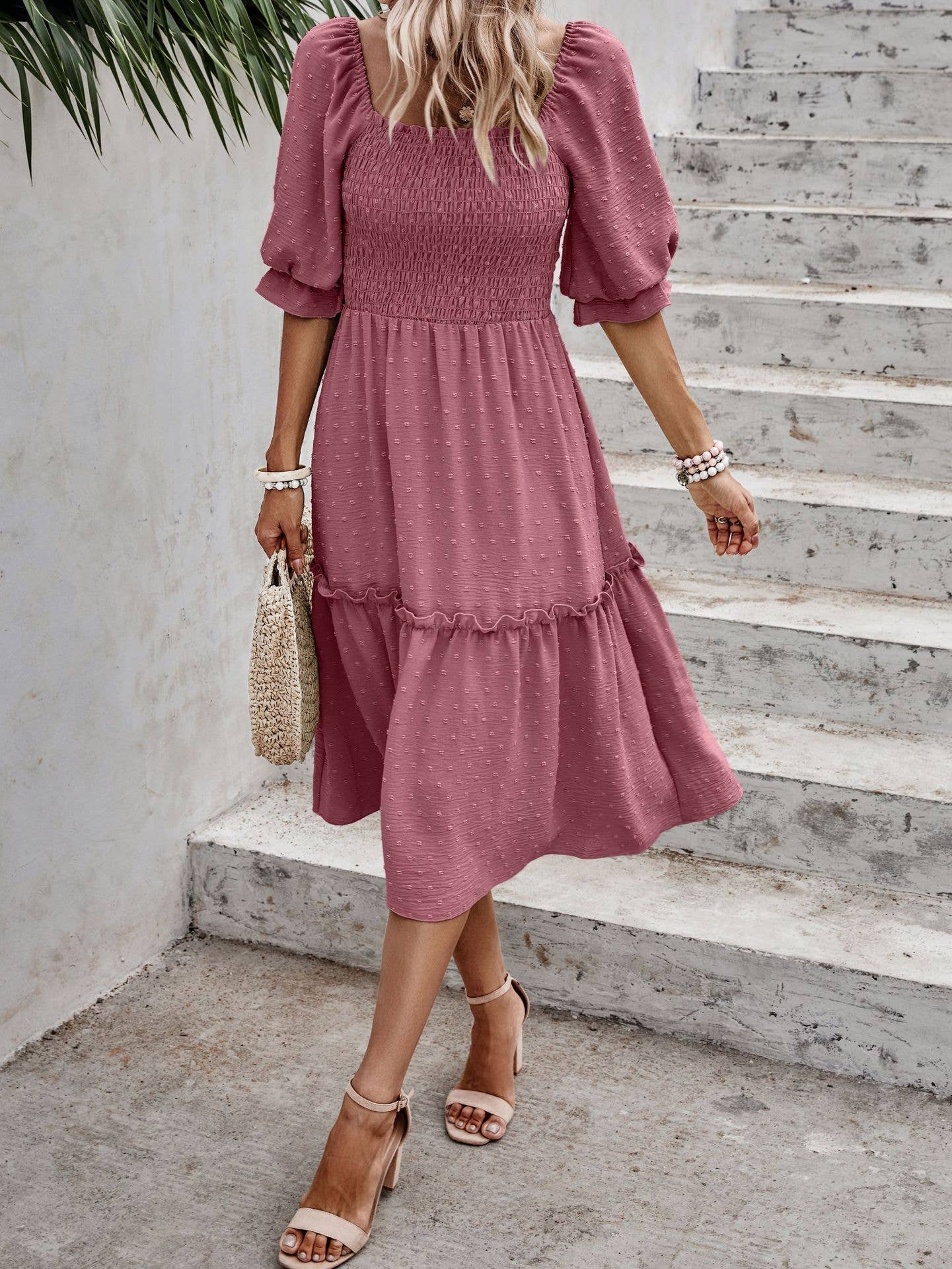 eLook – Großhandel Kleid – Damen – SZ1-DR6227 Swiss Dots Gemustertes Midikleid mit halben Ärmeln6