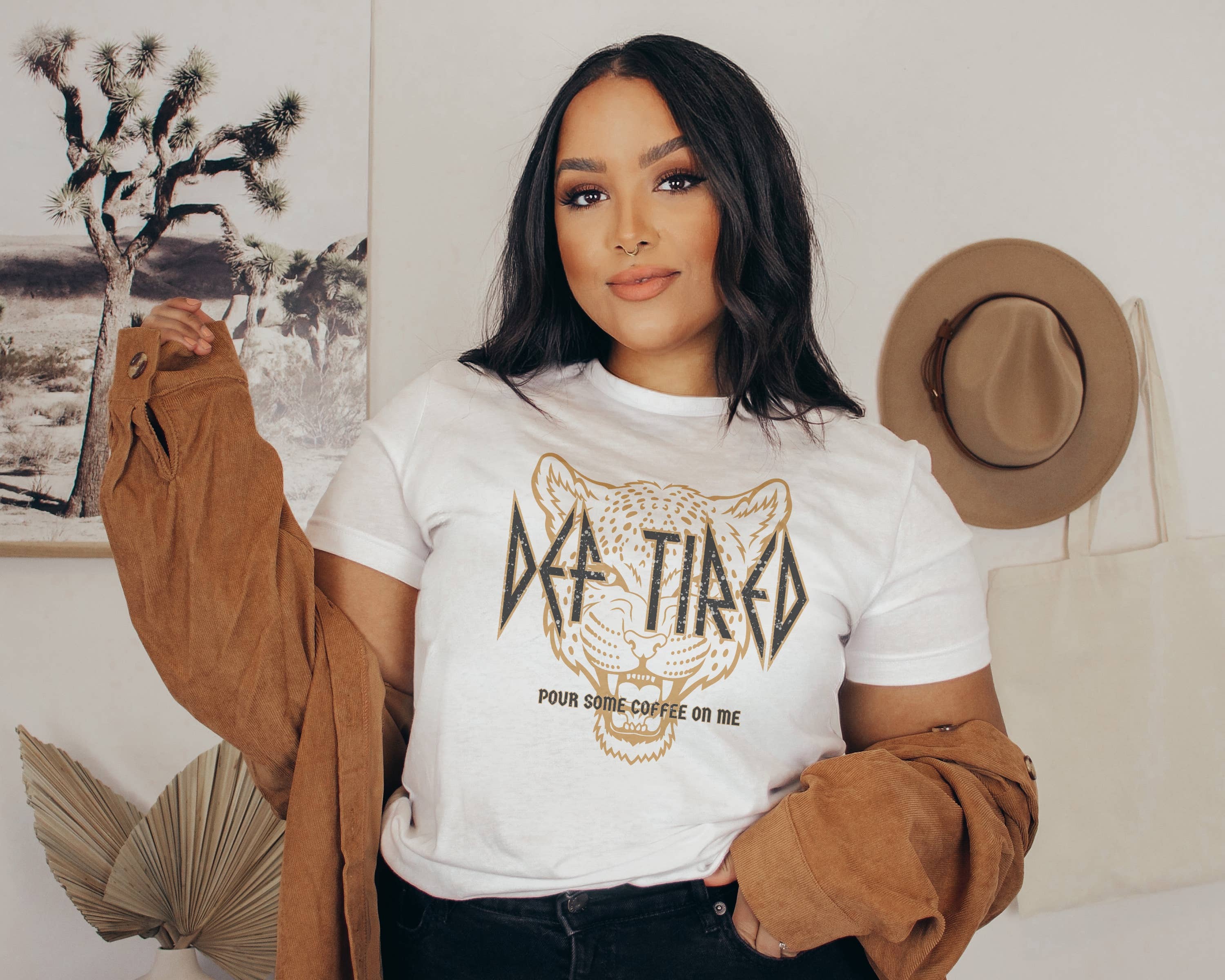 with love, aj. - Wholesale Screen Printed T-Shirt - Women's - Def Tired Pour Some Coffee On Me Cheetah Band Tshirt1