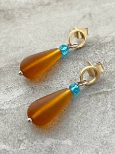 Caramel Aqua Sea Glass Earrings for wholesale by Monsieur Pamplemousse