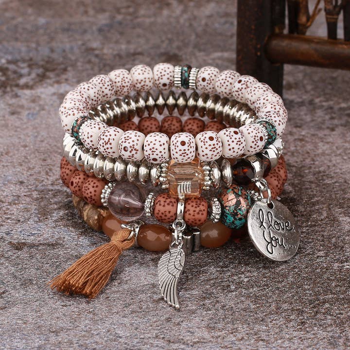 pinkblu02 - Wholesale Beaded Bracelet - Bohemian Style Multi-Layer Wooden Beaded Bracelet