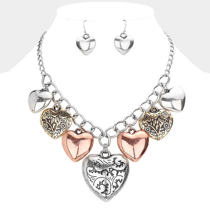 Multi Metal Heart Pendants Dangle Necklace for wholesale by Sensibling Corp.