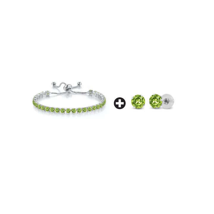 Set di bracciale e orecchini placcati in oro bianco 10 carati con peridoto rotondo regolabile e placcato in oro bianco 7 carati per la vendita all'ingrosso da parte di Paris Jewelry