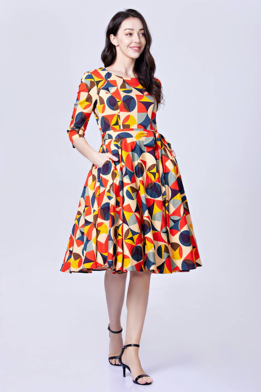 239117-BEIGE MULTI | Aria | Swing Dress With Pockets for wholesale on Faire2