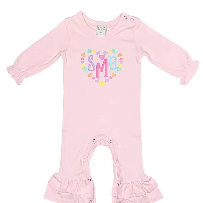 CONVERSATION HEARTS MONOGRAM VALENTINE LONG ROMPER for wholesale by The Sassy Seamstress