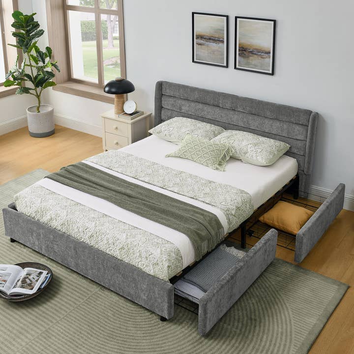 Grå chenille stof dobbeltseng med 4 opbevaringsskuffer 140x200 cm (uden madras) NANOSENS for engroshandel hos Urban Meuble