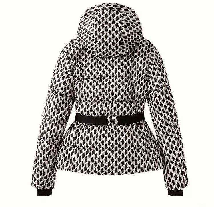 Rosa Clothing - Wholesale Coat - Women's - Printed hooded ski padded quilted jacket with belt3