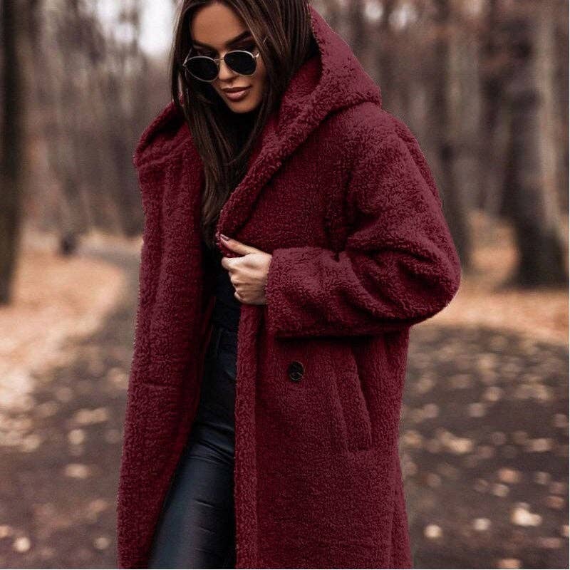 FurDecoration - Vente Manteau en fourrure/fausse fourrure – femme - Manteau long à capuche en peluche uni tendance4