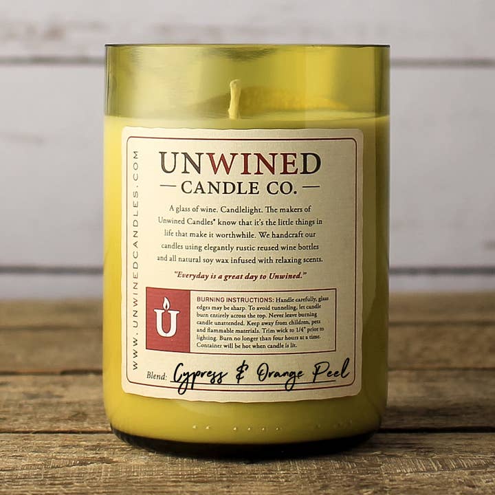 Unwined Candles - Wholesale Jar/Filled Candle - Cypress / Orange Peel Signature Series - Wine Bottle Candle0