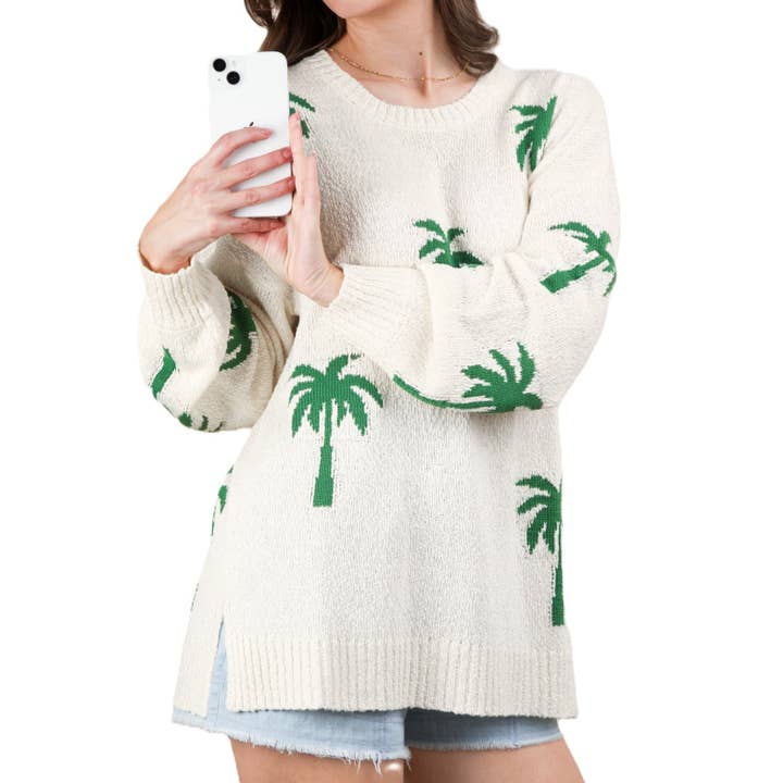 Relaxed Palm Tree Graphic Oversized Knit Summer Sweater for wholesale by Blue Bunny Inc