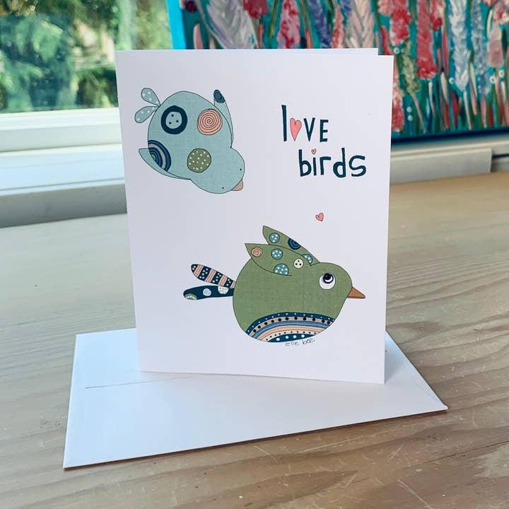 Greeting card “Love Birds” for wholesale by Elle Bee Art Studio