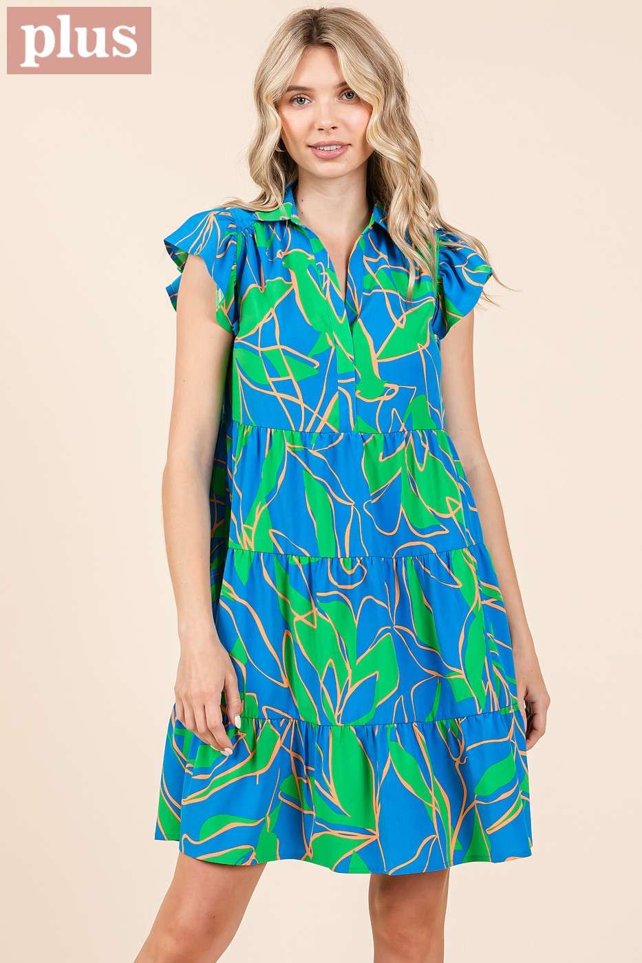mittoshop - Wholesale Dress - Women's - PLUS LEAF PRINT RUFFLE SLEEVE TIERED MINI DRESS8