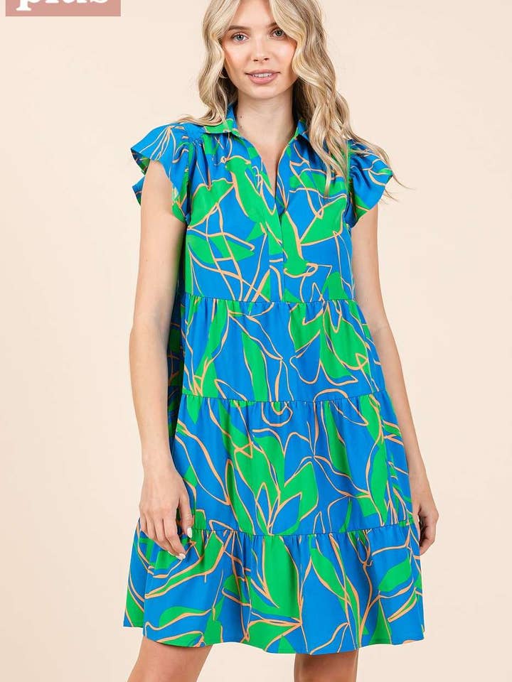 mittoshop - Wholesale Dress - Women's - PLUS LEAF PRINT RUFFLE SLEEVE TIERED MINI DRESS8