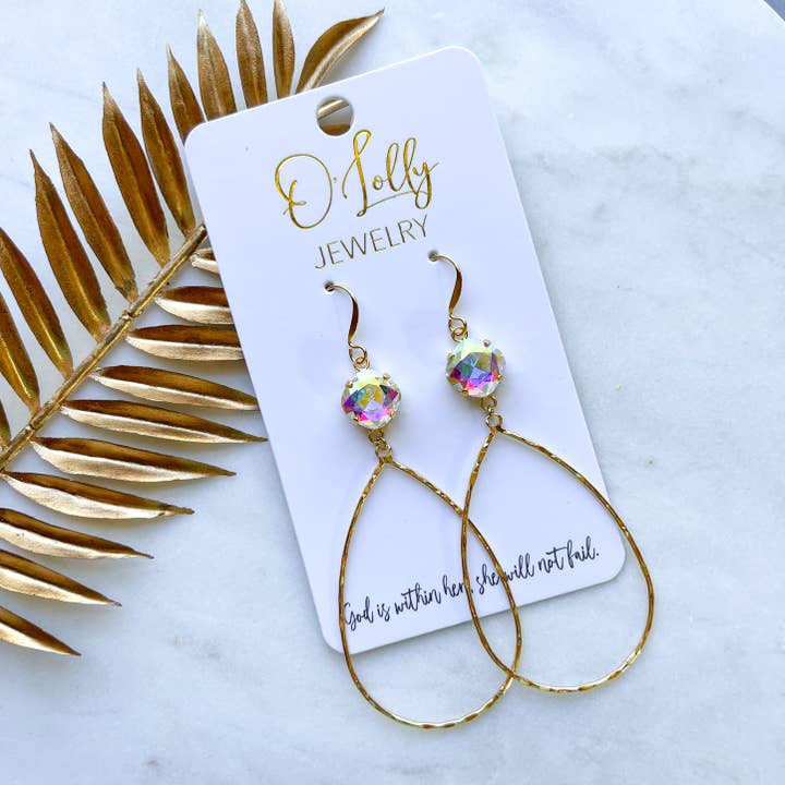 O’Lolly “Annie” Earrings- AB Stone w/Gold Teardrop for wholesale by O’Lolly Jewelry