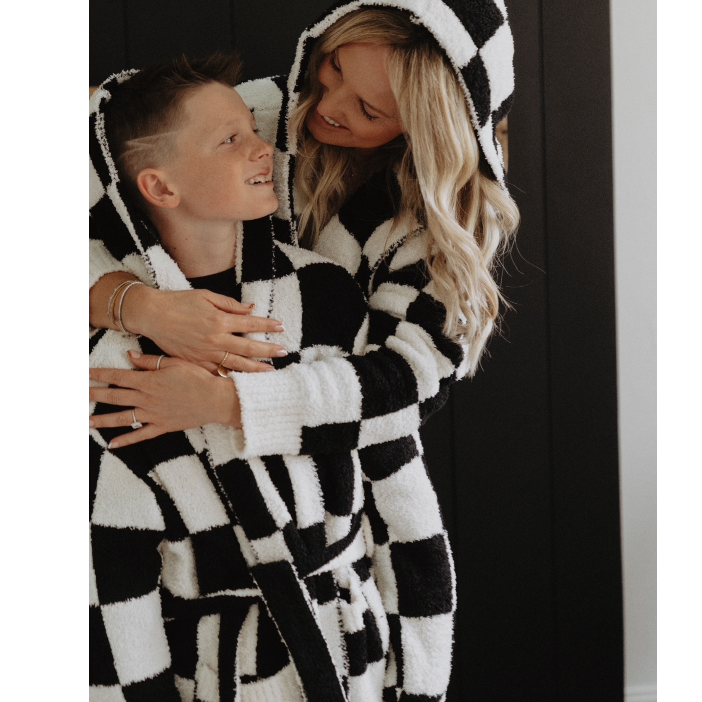 Black Cream New Hooded Checker Luxe Robe for wholesale on Faire0