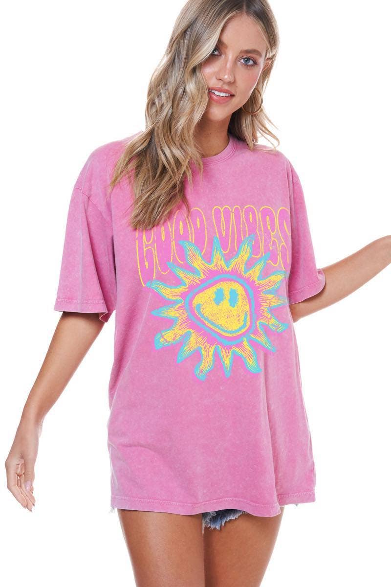 Zutter - Wholesale Screen Printed T-Shirt - Women's - Good Vibes Sunshine Graphic S/S Washed Boyfriend Tee2