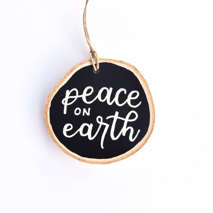 Wood Slice Ornament - Peace On Earth for wholesale by Greater Joy Design