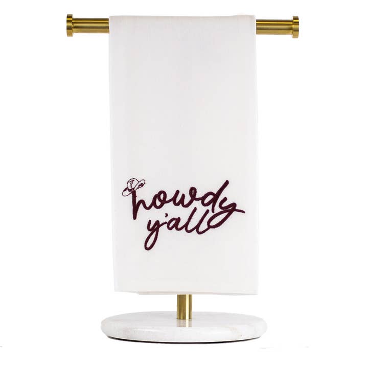Howdy Y'all Besticktes Handtuch, Weiß/Kastanienbraun, 20x28 für den Großhandel von The Royal Standard
