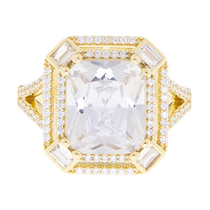 gold plated emerald cut large cz cocktail ring for wholesale by Marlyn Schiff