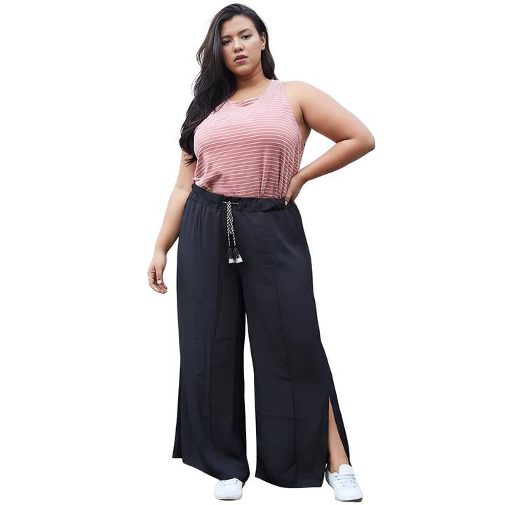 Pleione Plus Size Women's Tassel Drawstring Palazzo Pants for wholesale by Robin K