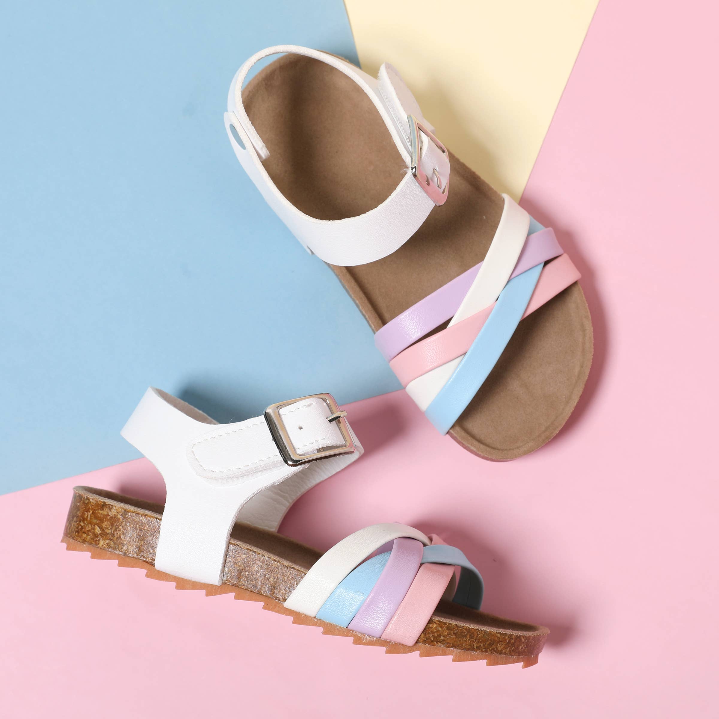 White Toddler/ Kid Girl Casual Stripe Cork Sole Buckle Sandals for wholesale on Faire0