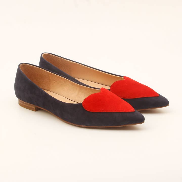 Poplar Pointed Flat - Navy Suede with Red Heart for wholesale by Millwoods Shoes