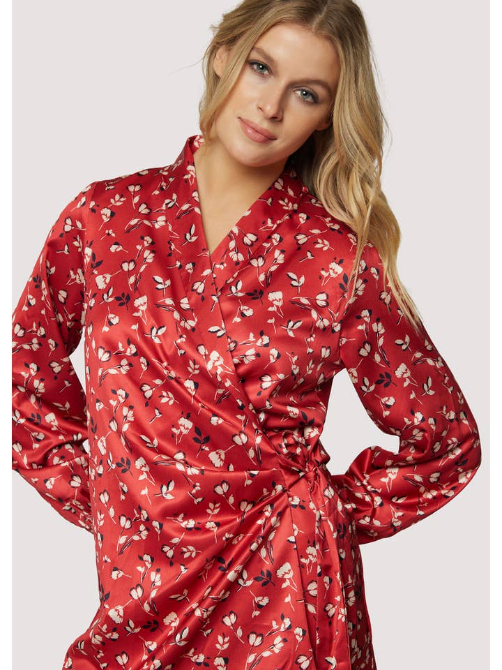 Falling In Love Mini Dress - Red Satin Floral Waist Tie for wholesale on Faire