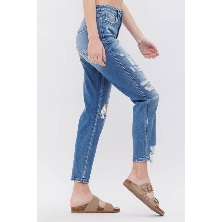 QUADY STRETCH SUPER HIGH RISE MOMJEAN WITH MENDING for wholesale on Faire