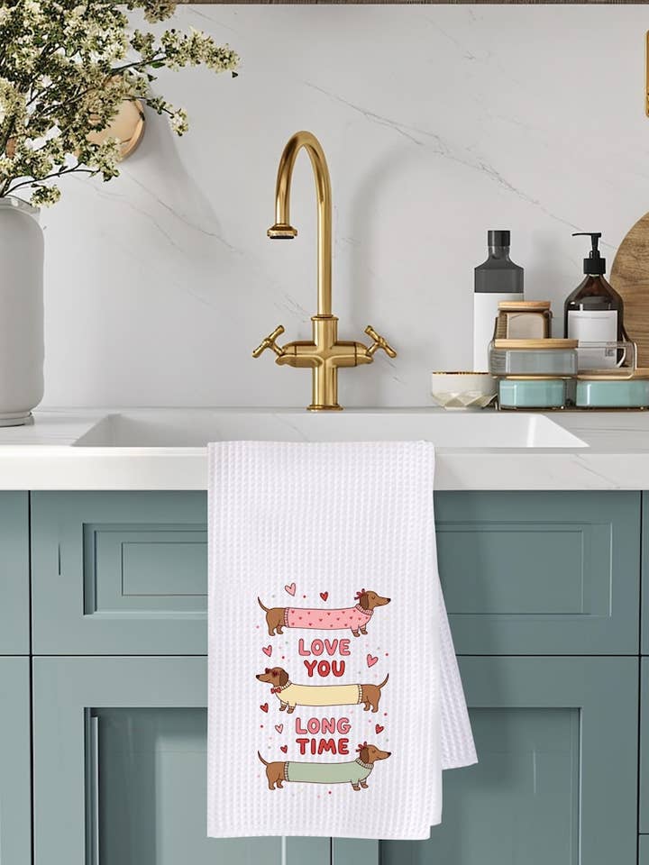 Dachshund Valentine's Day Kitchen Towel - Weiner Dog Lover Gift Love You Long Time 16x24 Microfiber for wholesale by Saints Place Designs