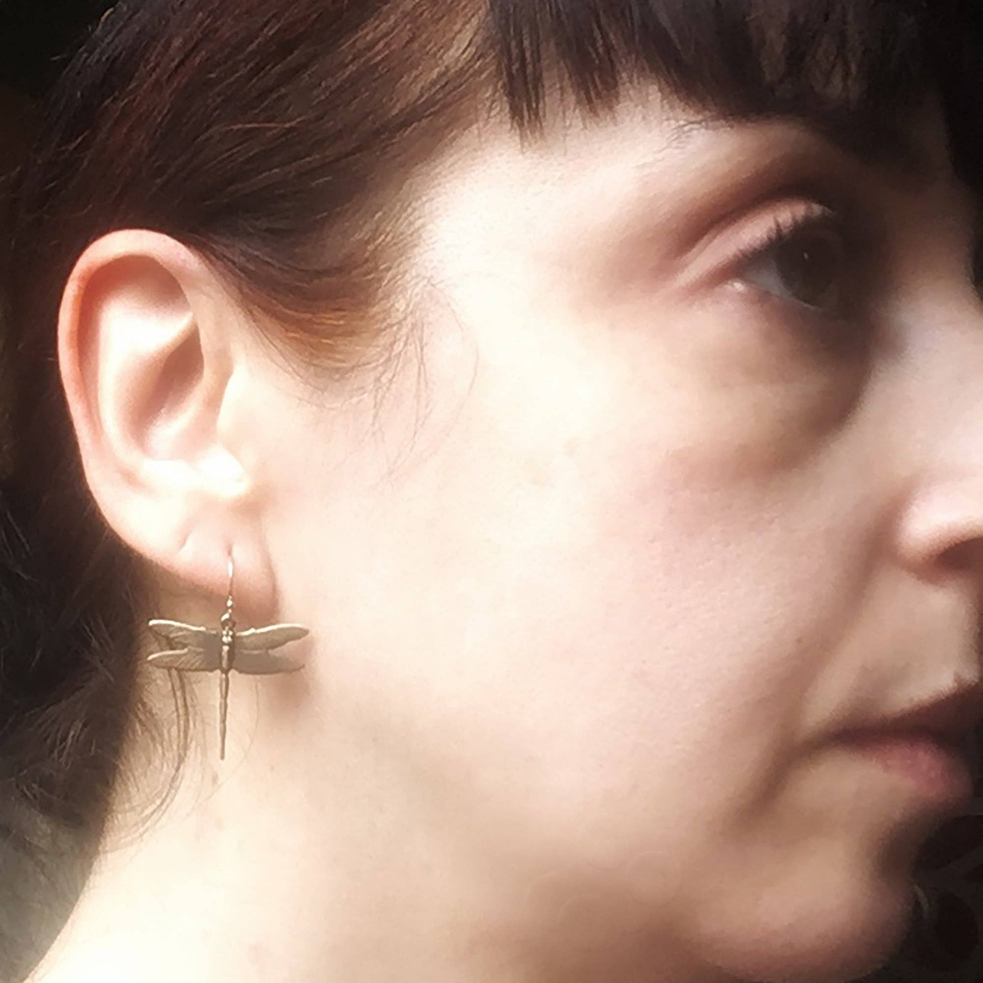 Metal Cloth & Wood - Wholesale Dangle Earrings - Dragonfly Dangle Earrings in Bright Gold or Antiqued Brass1