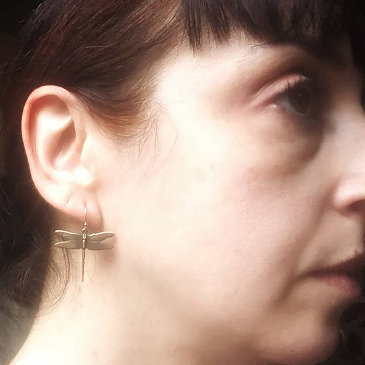 Metal Cloth & Wood - Wholesale Dangle Earrings - Dragonfly Dangle Earrings in Bright Gold or Antiqued Brass1