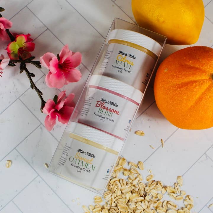 Foaming Scrub Sampler Pack: Citrus Agave, Blossom Bliss & Sweet Oatmeal for wholesale by Skin & Wicks